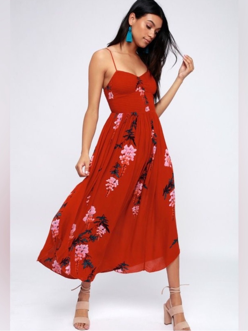 Free People Red Floral Spaghetti-Strap Midi Dress Large